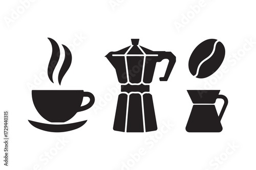 Coffee icons cup moka pot creamer and bean