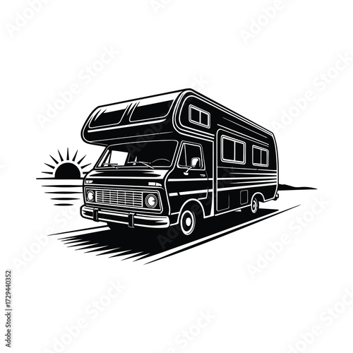 Silhouette of a vintage rv driving into a sunrise landscape