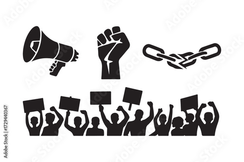 Protest symbols megaphone fist broken chain and crowd holding signs