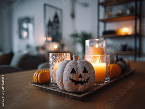 high-quality light style photography, Scandinavian interior, decorated for Halloween, ultra-minimalist, clean lines, subtle spooky accents, warm tones,