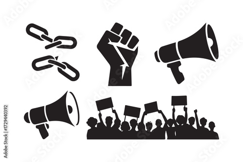 Protest symbols including broken chains fist megaphones and crowd