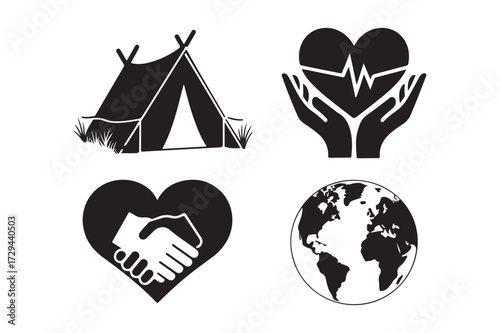 Four icons representing camping health unity and global connection