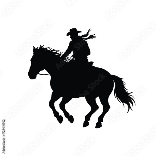 Silhouette of a cowgirl riding a galloping horse in full motion