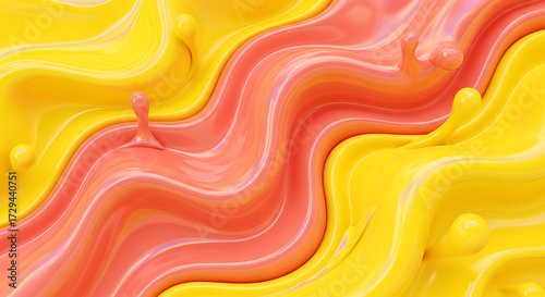 Abstract yellow and pink liquid waves creating a vibrant and playful background, perfect for designs that need a touch of fun and creativity, offering a smooth and glossy texture with dynamic movement