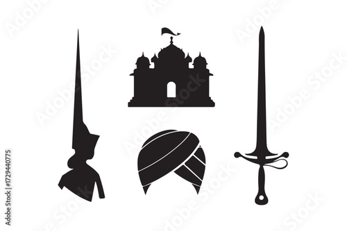 Silhouette of sikh warrior symbols including a sword rifle and turban