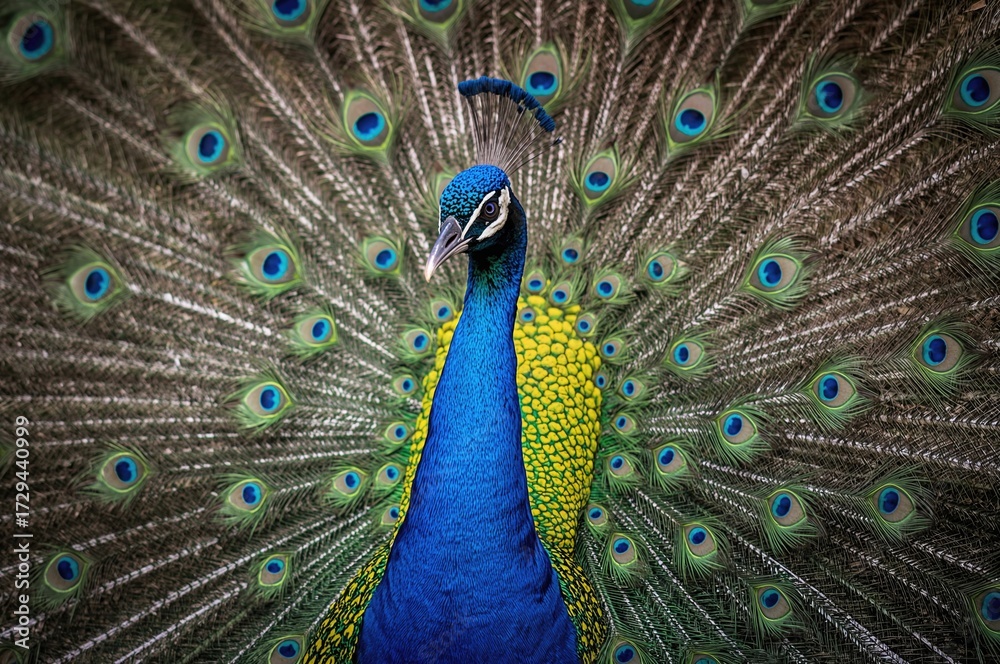 Fototapeta premium The vibrant and sizable blue peafowl, scientifically known as Pavo cristatus, is a bird species originally from South Asia but now found worldwide.