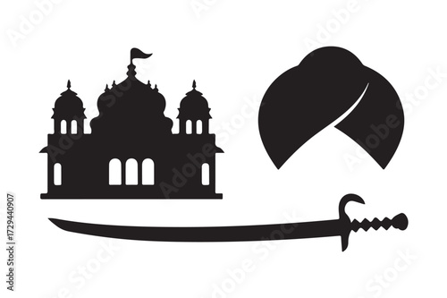 Sikhism symbols silhouette of temple turban and sword