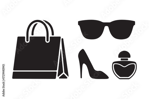Fashion accessories shopping bag high heel sunglasses perfume icons