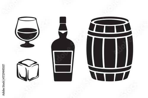 Whiskey barrel bottle glass and ice cubes icons