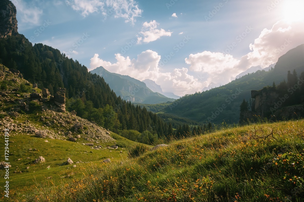 Fototapeta premium Scenic mountain park with lush grass and rocky terrain