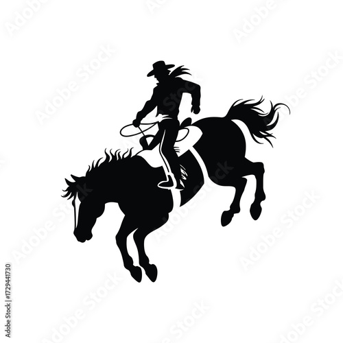 Dynamic silhouette of a cowboy riding a bucking horse with a lasso
