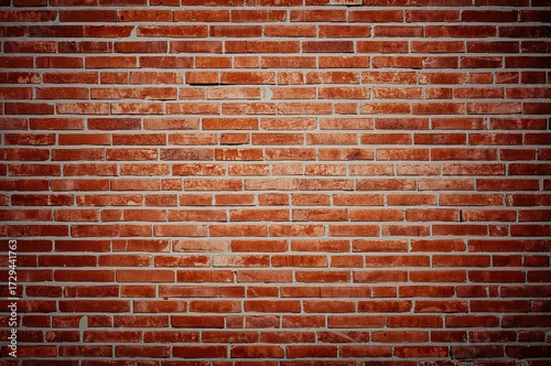 Texture of a brick wall in red and orange hues with darkened edges  suitable for interior or exterior decoration