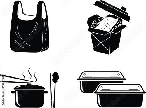 Food service icon set, black silhouette vector, takeout container clipart, cooking pot with steam, reusable bag, meal packaging illustration