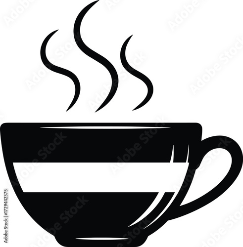 Hot beverage icon, black silhouette vector, steaming coffee or tea cup clipart, café symbol, drinkware illustration, saucer design graphic