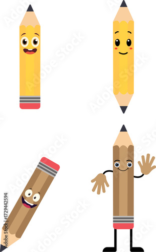 Cartoon smiling pencil icon mascot illustration with funny faces