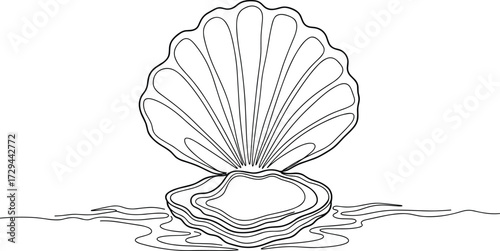 Open seashell line art, black vector icon, scallop shell silhouette, marine nature clipart, water ripple illustration, beach treasure symbol