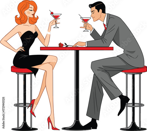Romantic couple at bar table, retro lounge silhouette, cocktail date illustration, black vector icon, elegant social interaction clipart