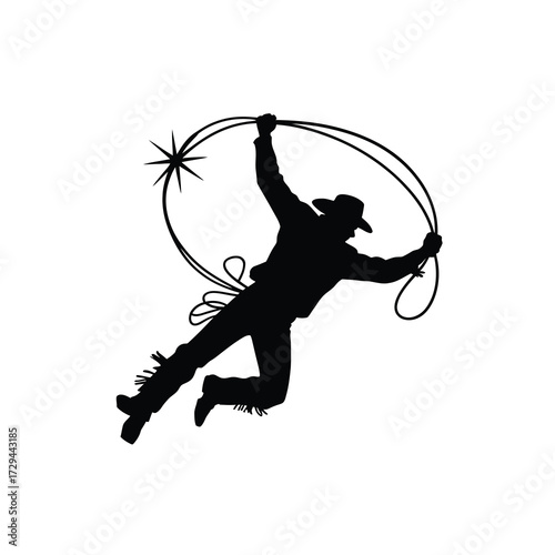 Dynamic silhouette of a cowboy lassoing with a rope in mid-air