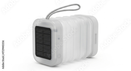 A portable, cubeshaped speaker with a handle, isolated on white background, featuring a mesh grill and minimalist design for onthego audio enjoyment