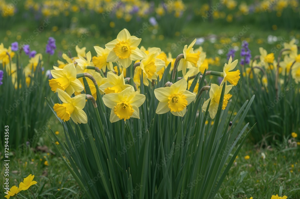 Obraz premium A vibrant meadow filled with blooming yellow daffodils in springtime.