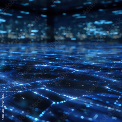 Digital ai infrastructure with glowing blue data centers network and futuristic technology concept in dark environment