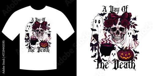 Day of the Death Illustration: A spooky design featuring a skull with a floral headpiece, surrounded by spectral elements and pumpkins, perfect for Halloween celebrations.