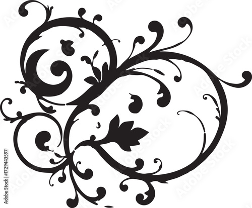 Abstract vector floral design elements featuring ornate black vintage flower and leaf silhouette scroll borders