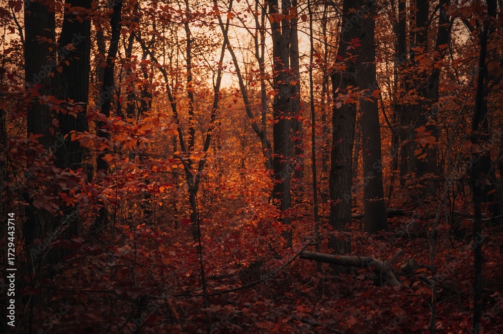 Obraz premium Autumn woodland scene portraying a somber atmosphere and rich hues - Stock Photo