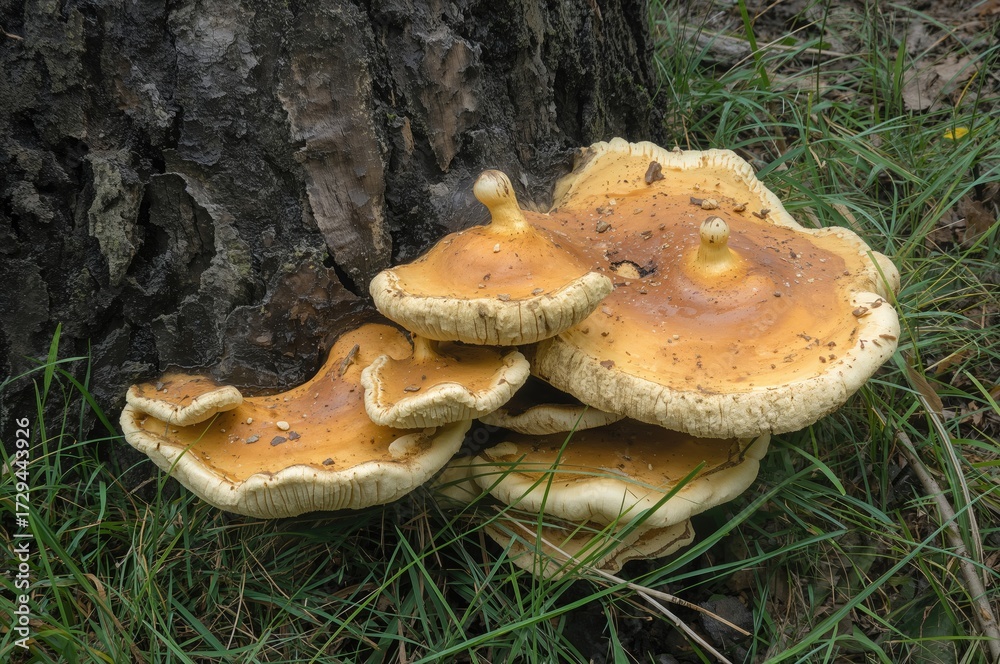 Fototapeta premium Bracket fungus species known as Laetiporus sulphureus with various common names including crab of the woods and chicken of the woods, edible when young