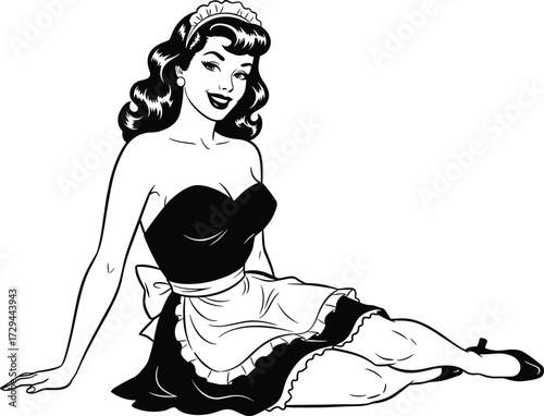 Vintage maid silhouette, seated woman in classic outfit, black vector icon, frilly apron illustration, retro pose, character clipart design