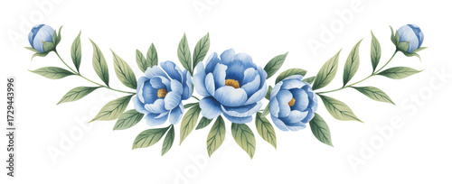 Blue watercolor flower arrangement with leaves.