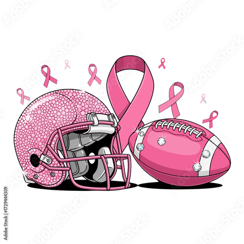 pink football helmet, breast cancer football, pink ribbon football, football awareness, sparkling football helmet, rhinestone football, pink sports design, football with ribbon, breast cancer support,