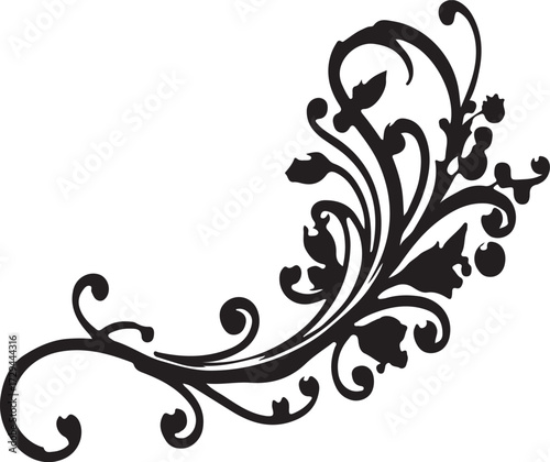 Abstract vector floral design elements featuring ornate black vintage flower and leaf silhouette scroll borders