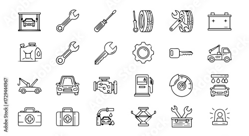 Comprehensive Set of Automotive Repair and Car Service Line Icons for Vehicle Maintenance and Garage Equipment, Featuring Tools, Diagnostics, and Roadside Assistance Symbols