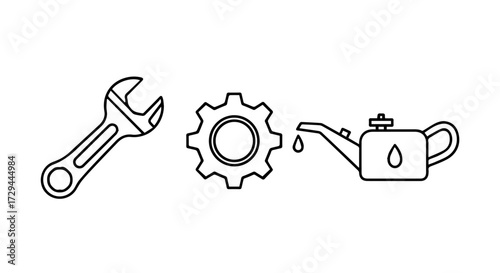 Set of maintenance tools wrench, gear, and oil can, outlining automotive repair and machinery
