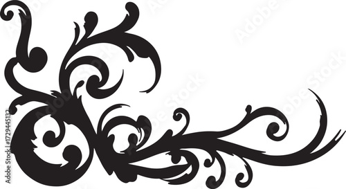Abstract vector floral design elements featuring ornate black vintage flower and leaf silhouette scroll borders