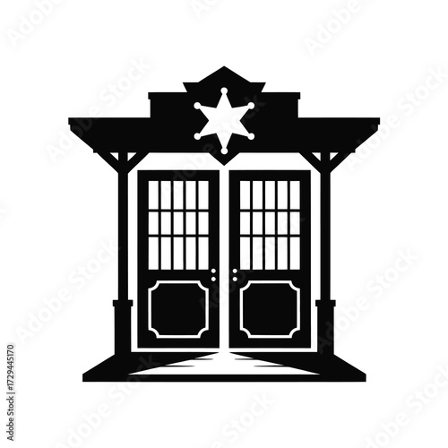 Silhouette of a classic western sheriff's office building with a jail and iconic star emblem