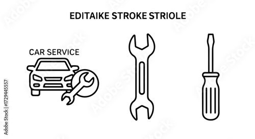 Outline vector icons for automotive service and repair, featuring a car maintenance symbol with a wrench, a standalone spanner, and a screwdriver for vehicle care