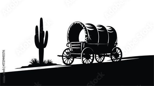 Western silhouette of a covered wagon and saguaro cactus illustration