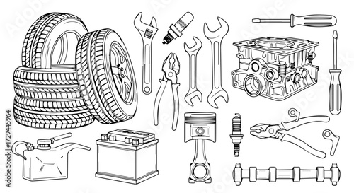 Automotive Repair and Maintenance A Collection of Car Parts and Tools in Detailed Line Art