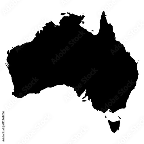 Black silhouette map of Australia including Tasmania. Perfect for geography lessons, educational materials, travel guides, posters, infographics, presentations, tourism promotions.