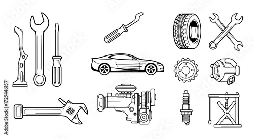 Collection of Automotive Tools and Car Parts for Repair and Maintenance