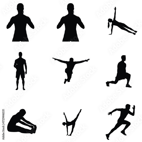 Silhouette collection showcasing diverse fitness activities including stretching running yoga and various exercises for health and wellness
