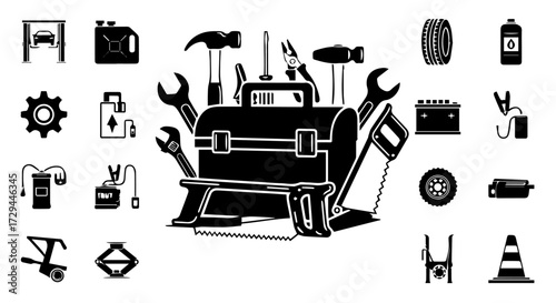 A comprehensive collection of black silhouette icons for automotive repair and vehicle maintenance, featuring a central toolbox surrounded by essential mechanic equipment