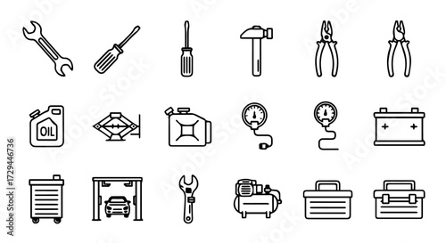 Collection of Automotive Repair and Maintenance Tools and Equipment Icons for DIY and Professional Mechanics