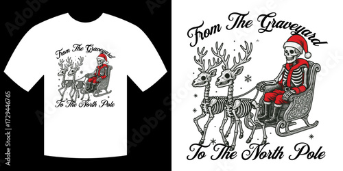 Festive Haunting: A captivating artistic portrayal of a skeleton Santa Claus embarking on a spectral journey, accompanied by skeletal reindeer, on a crisp white t-shirt. 