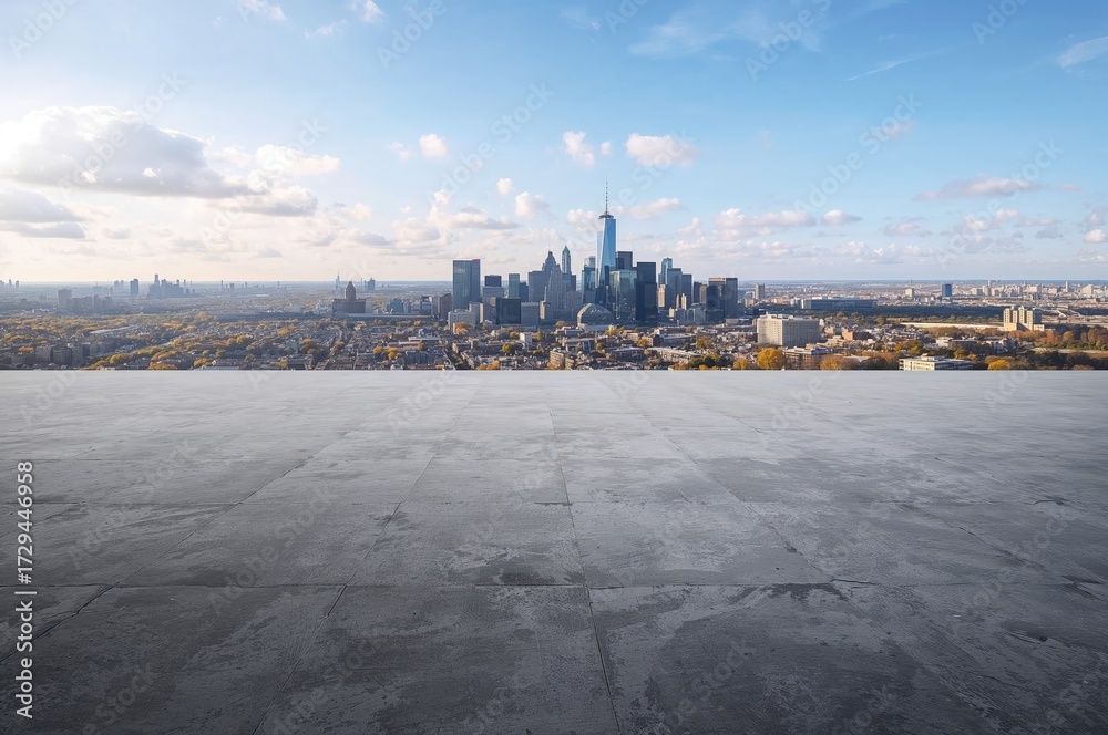 Obraz premium Concrete square pavements enclosed by a wide cityscape and tall structures.