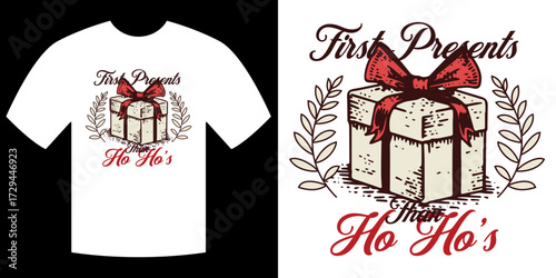 Festive T-shirt Design with Gift Box: The t-shirt showcases a charming vintage illustration of a gift box with a stylish red bow, creating a joyful festive atmosphere.