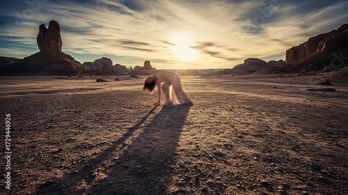 Woman with flowing fabric in desert landscape fashion and artistic expression