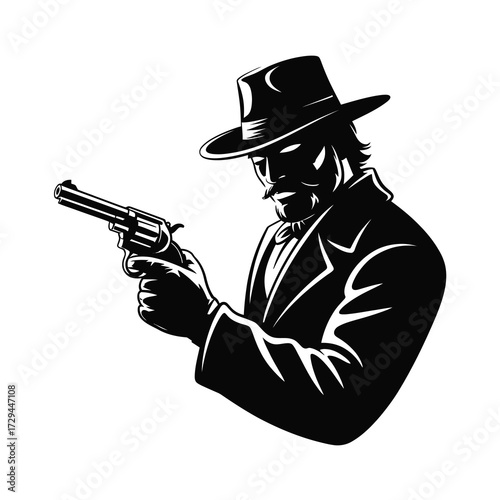 Silhouette of a cowboy with a revolver aiming ready for action